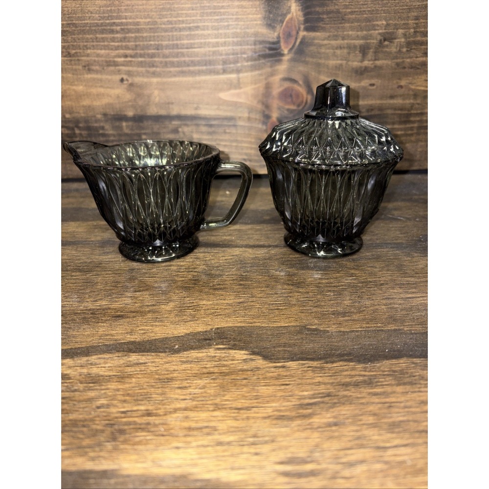 MCM Libbey Glass Co Creamer & Sugar Set Gray Smoke Starburst Pattern